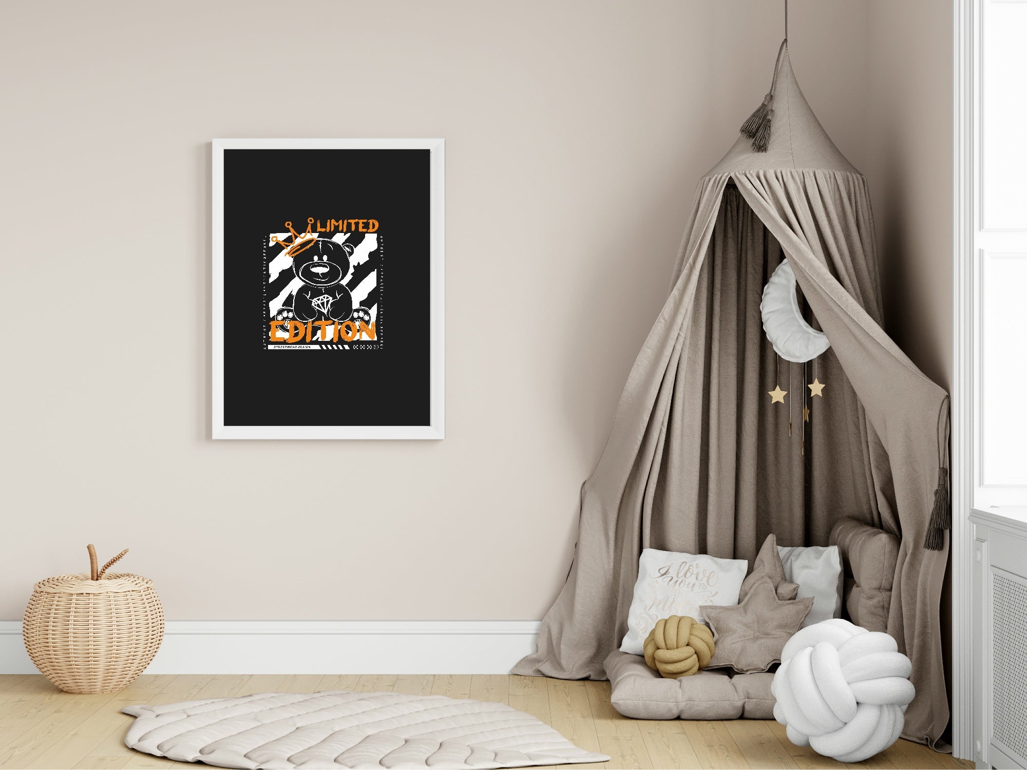 Children's room with a framed poster on the wall, a canopy bed, and decorative pillows.