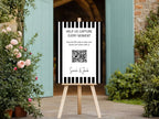 Black & White Stripe personalised wedding QR code sign for guest photo sharing