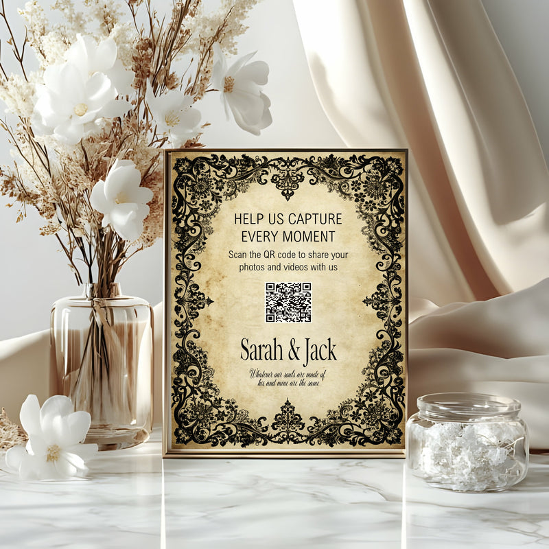Black Lace personalised wedding QR code sign for guest photo sharing