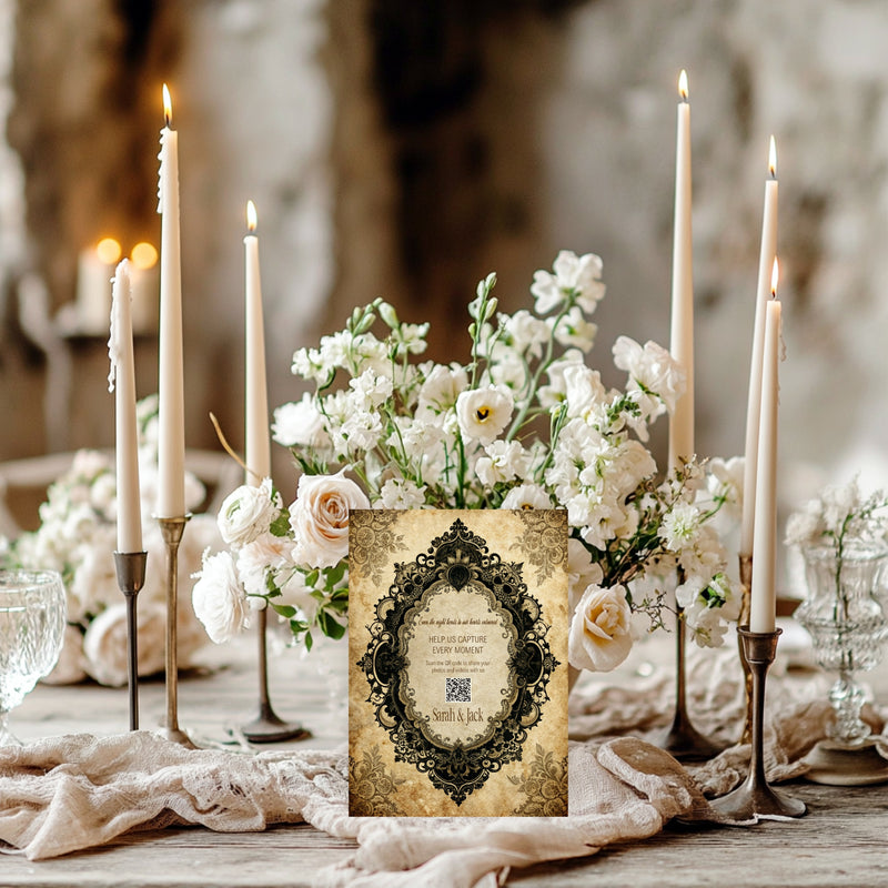 Black Lace Oval Frame personalised wedding QR code sign for guest photo sharing