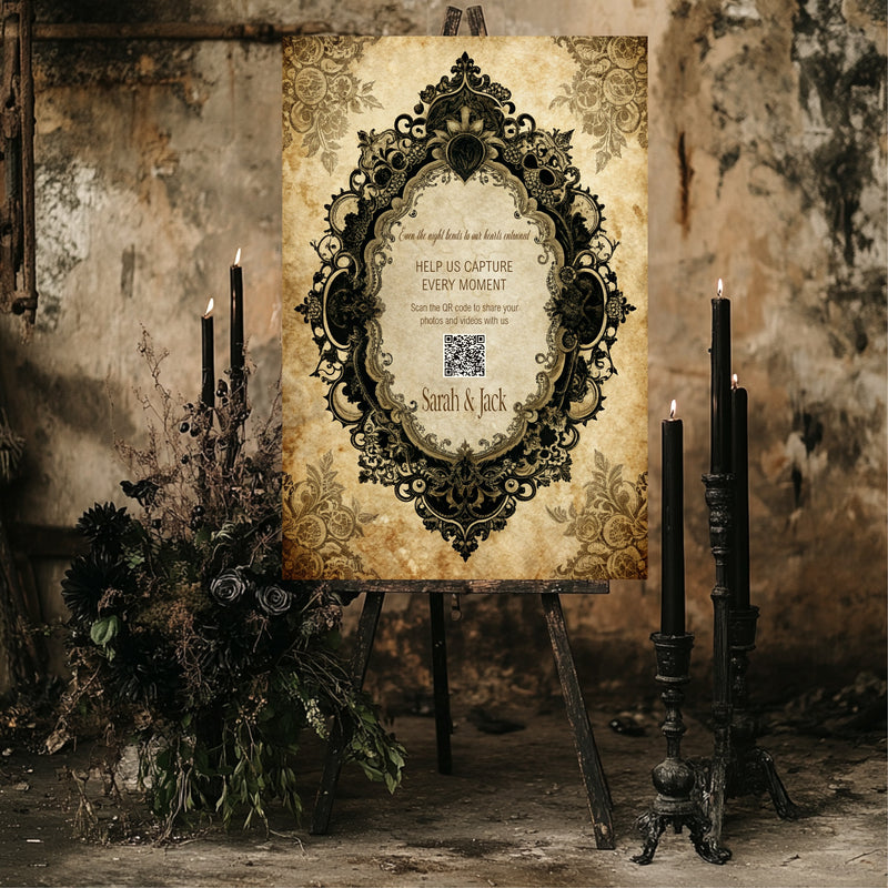 Black Lace Oval Frame personalised wedding QR code sign for guest photo sharing