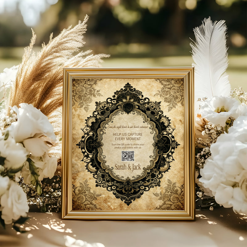 Black Lace Oval Frame personalised wedding QR code sign for guest photo sharing