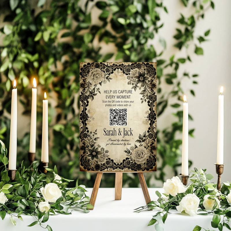 Black Rose personalised wedding QR code sign for guest photo sharing