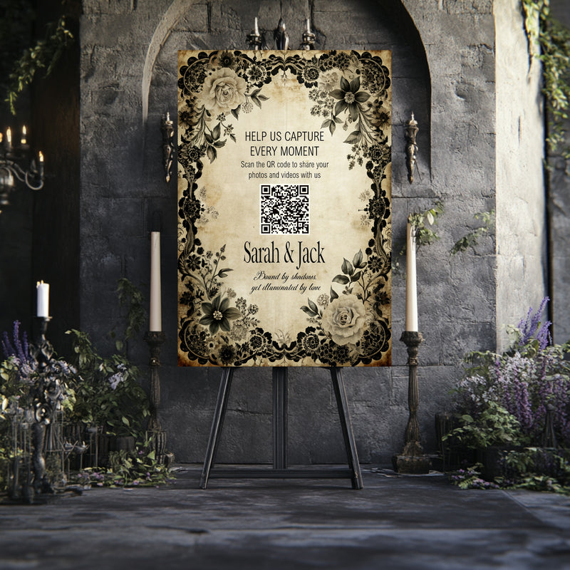 Black Rose personalised wedding QR code sign for guest photo sharing