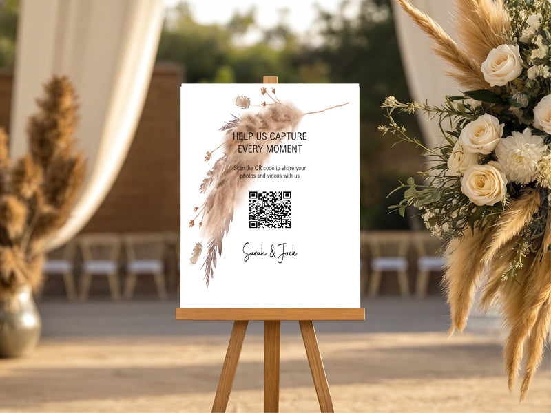 Boho personalised wedding QR code sign for guest photo sharing