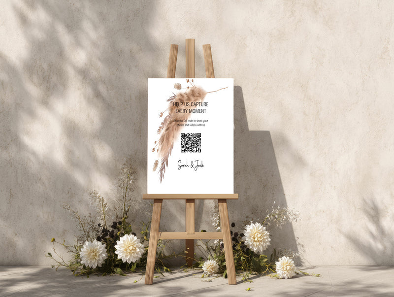 Boho personalised wedding QR code sign for guest photo sharing