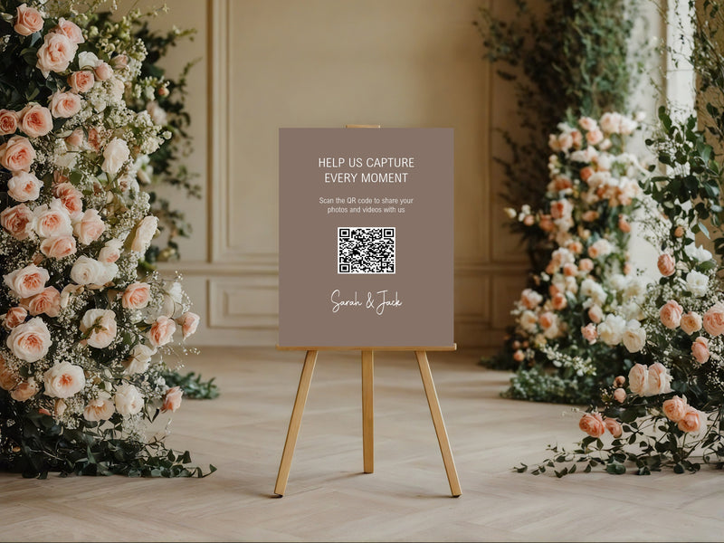 Earth personalised wedding QR code sign for guest photo sharing