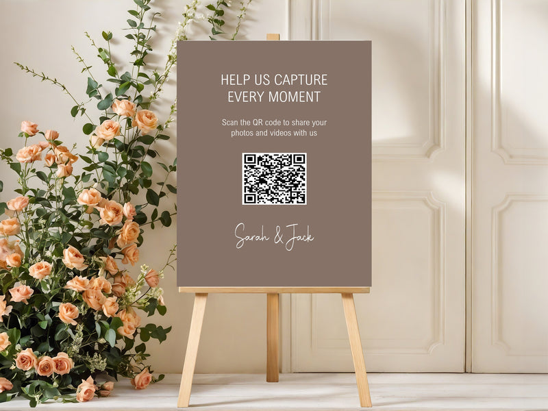 Earth personalised wedding QR code sign for guest photo sharing