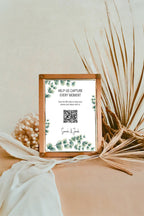 Eucalyptus personalised wedding QR code sign for guest photo sharing