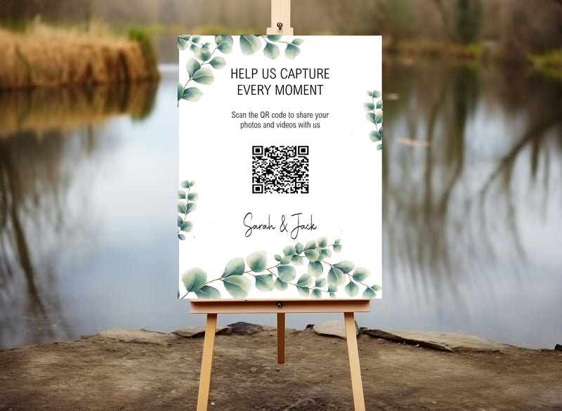 Eucalyptus personalised wedding QR code sign for guest photo sharing