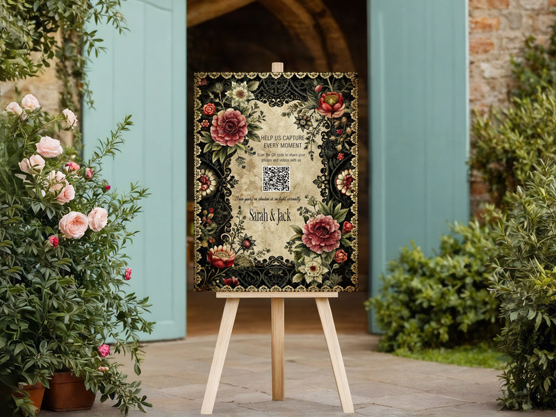 Gothic Floral Frame personalised wedding QR code sign for guest photo sharing