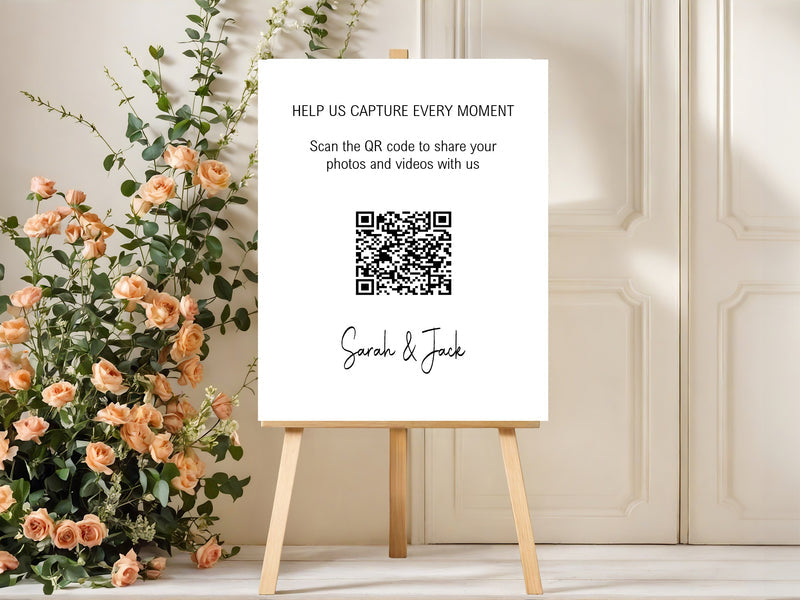 Minimalist personalised wedding QR code sign for guest photo sharing