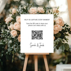 Minimalist personalised wedding QR code sign for guest photo sharing