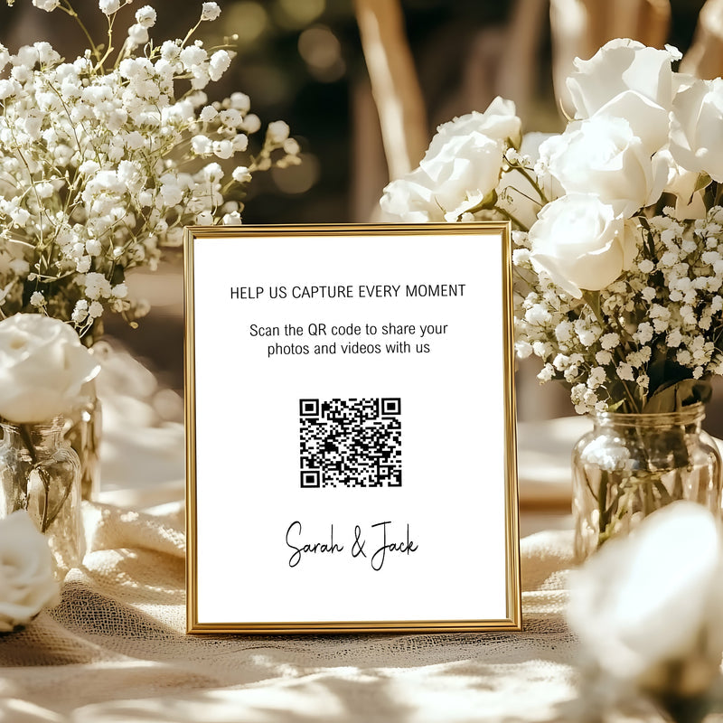 Minimalist personalised wedding QR code sign for guest photo sharing