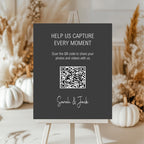 Minimalist Noir personalised wedding QR code sign for guest photo sharing