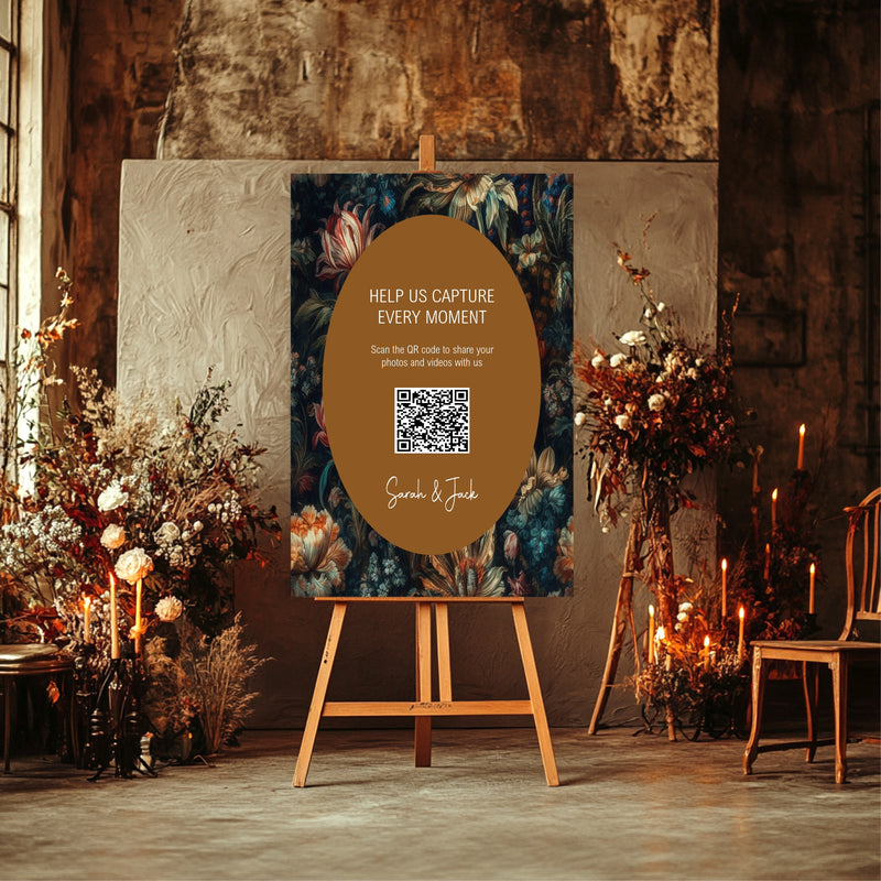 Moody Floral personalised wedding QR code sign for guest photo sharing