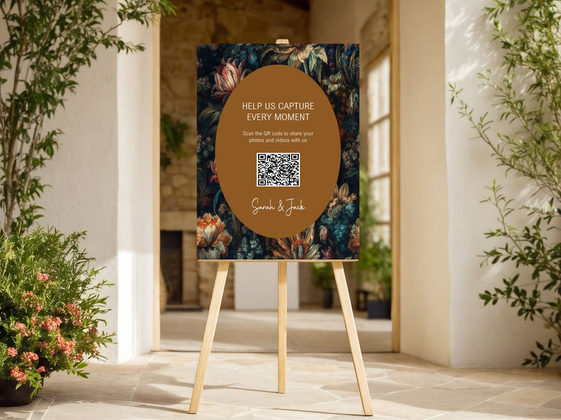 Moody Floral personalised wedding QR code sign for guest photo sharing