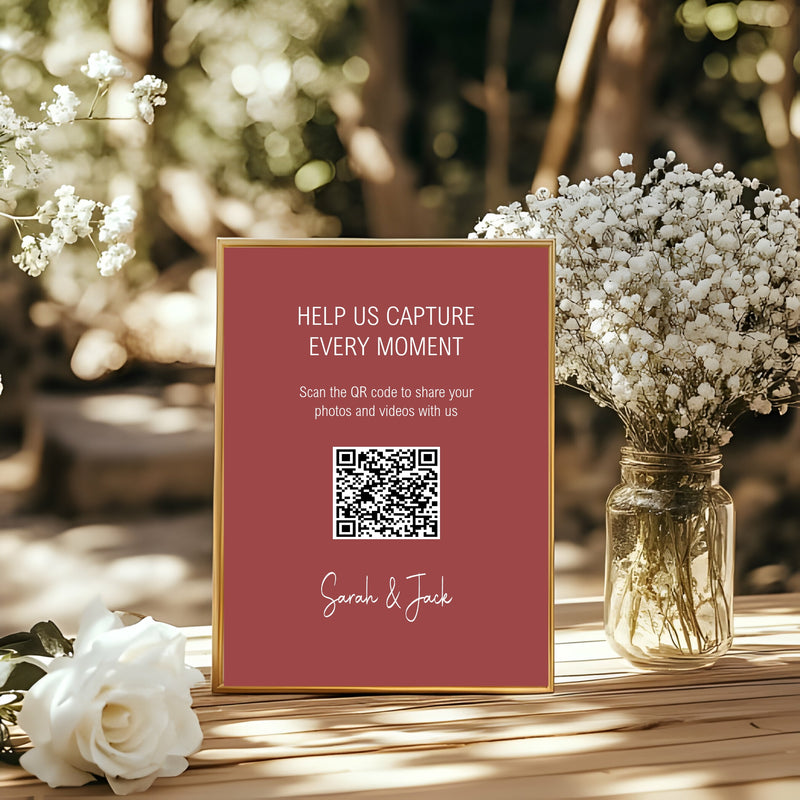Rosewood personalised wedding QR code sign for guest photo sharing