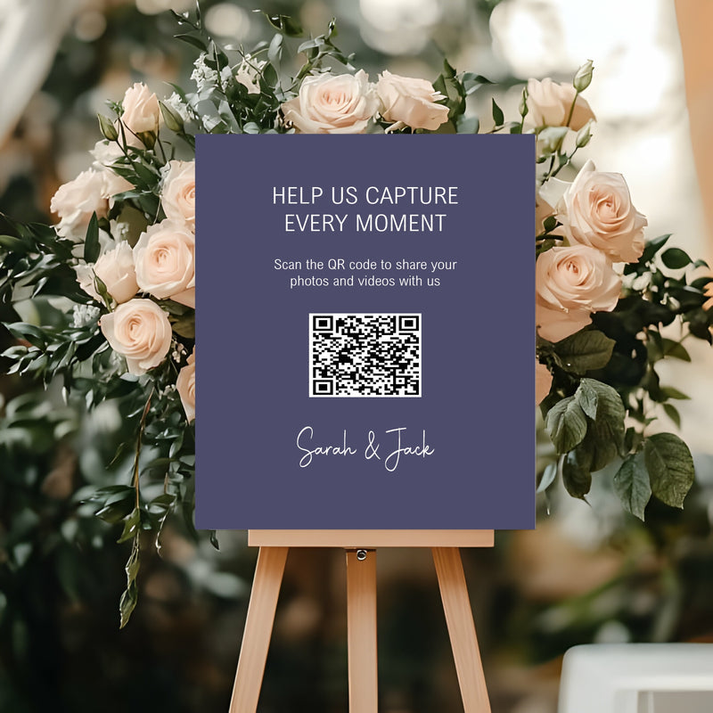 Sapphire Blue personalised wedding QR code sign for guest photo sharing