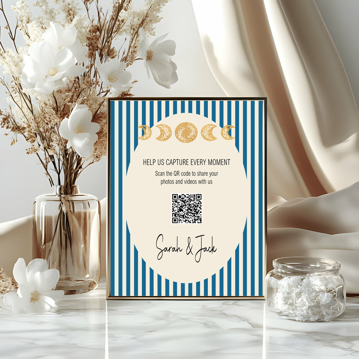 Blue Celestial QR code sign for guest photo sharing