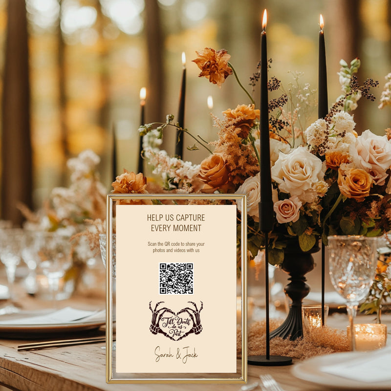 The Lovers Tarot | Beige personalised wedding QR code sign for guest photo sharing