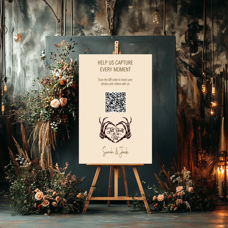 The Lovers Tarot | Beige personalised wedding QR code sign for guest photo sharing