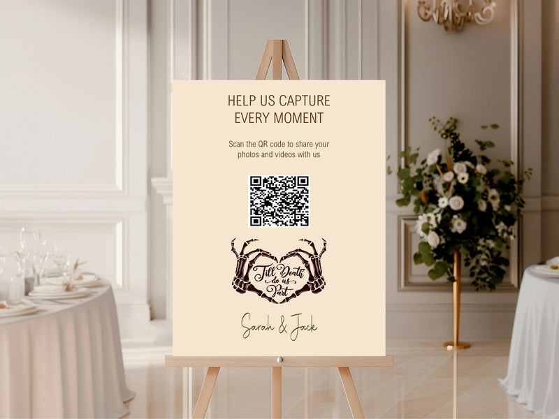 The Lovers Tarot | Beige personalised wedding QR code sign for guest photo sharing