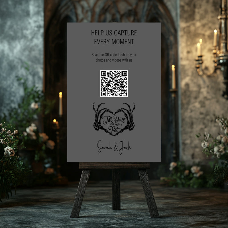 The Lovers Tarot | Charcoal personalised wedding QR code sign for guest photo sharing
