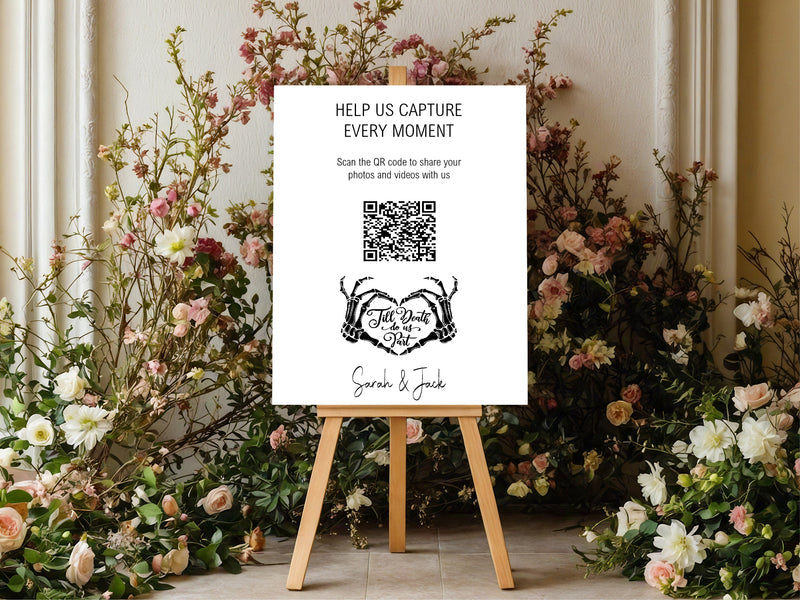 The Lovers Tarot | White personalised wedding QR code sign for guest photo sharing