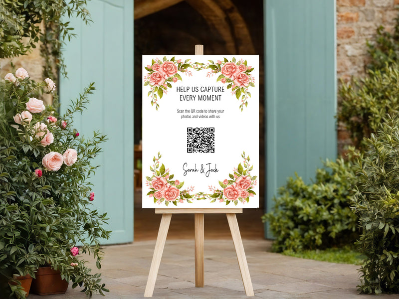 Pink Rose personalised wedding QR code sign for guest photo sharing