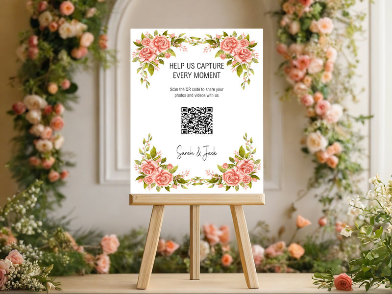 Pink Rose personalised wedding QR code sign for guest photo sharing