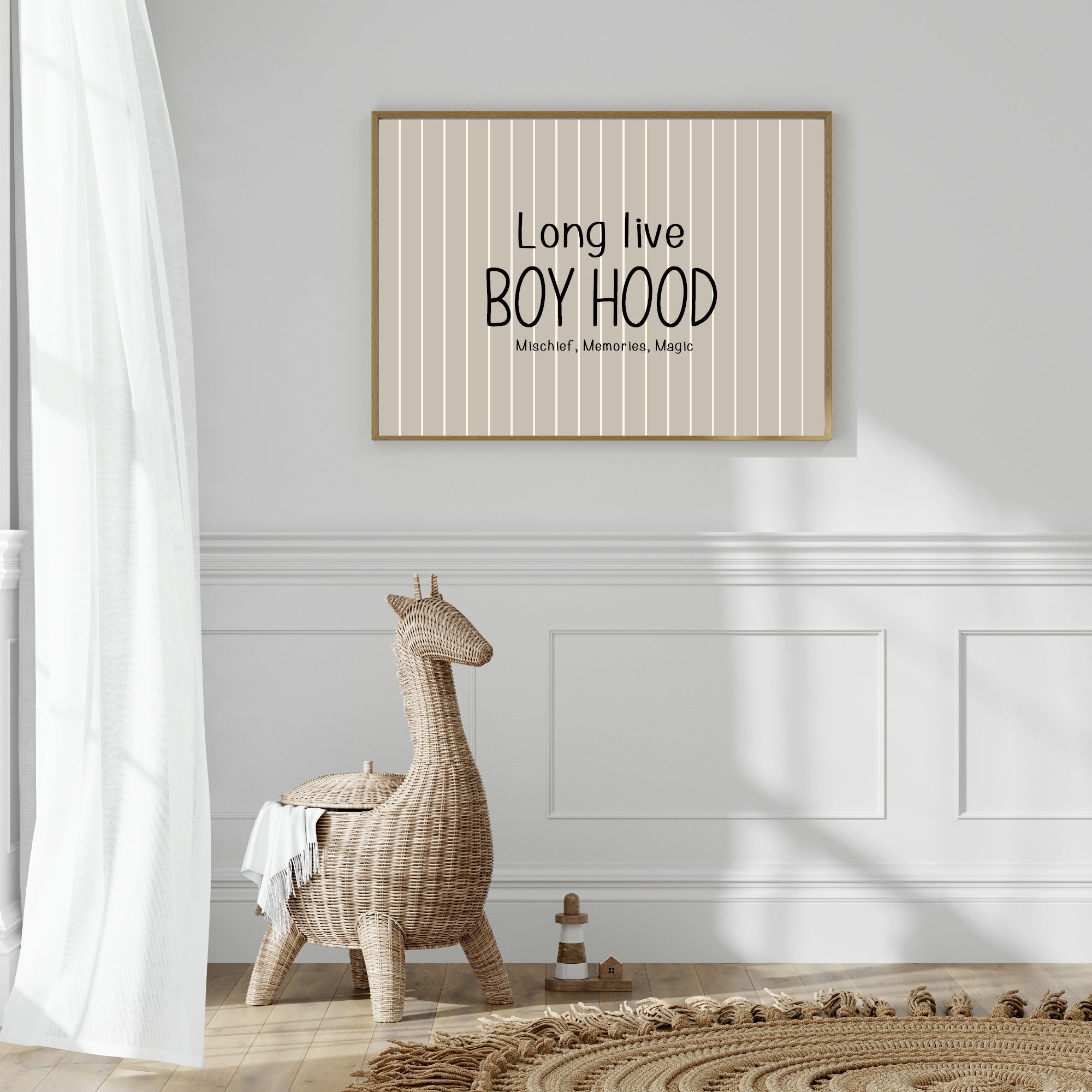 Pinstripe Long Live Boyhood Wall Art Print | Beige & Black