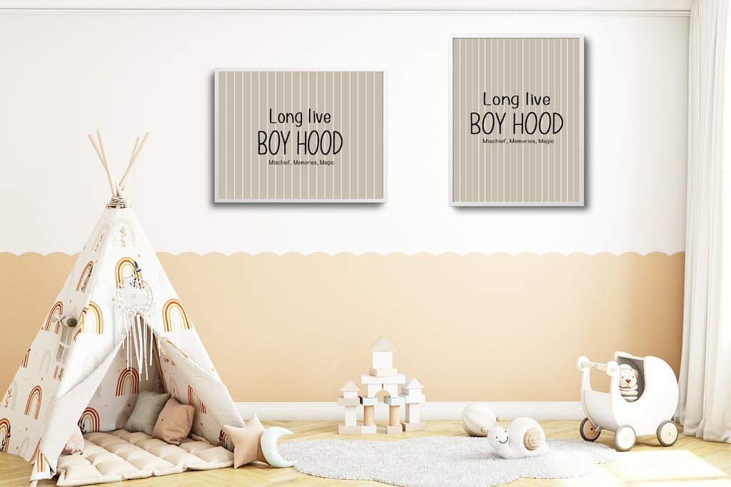 Two framed prints on a wall with 'Long live BOY HOOD' text, next to a teepee and toys in a child's room.