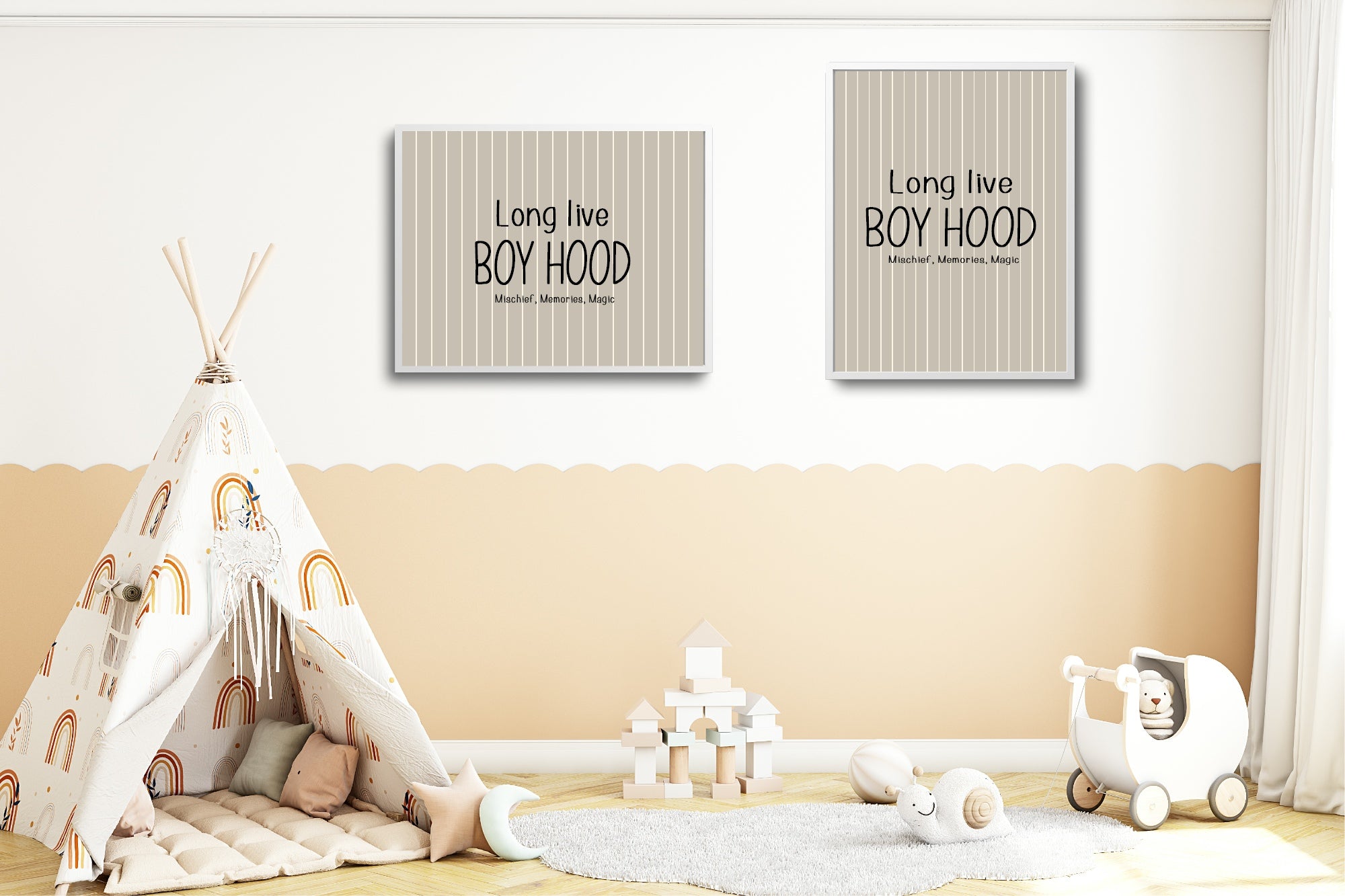 Two framed prints on a wall with 'Long live BOY HOOD' text, next to a teepee and toys in a child's room.
