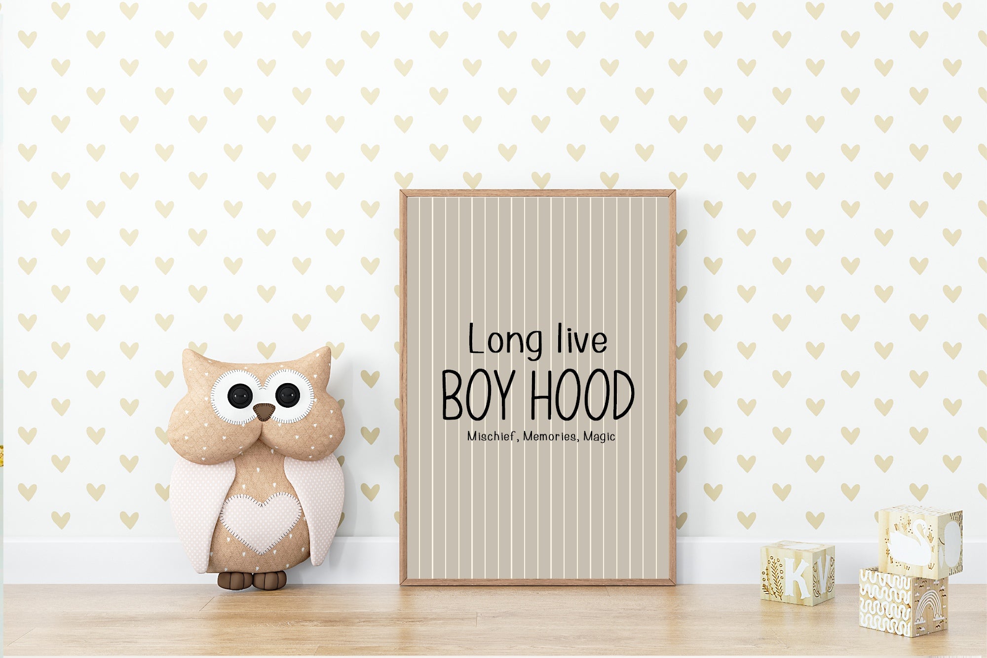 Pinstripe Long Live Boyhood Wall Art Print | Beige & Black