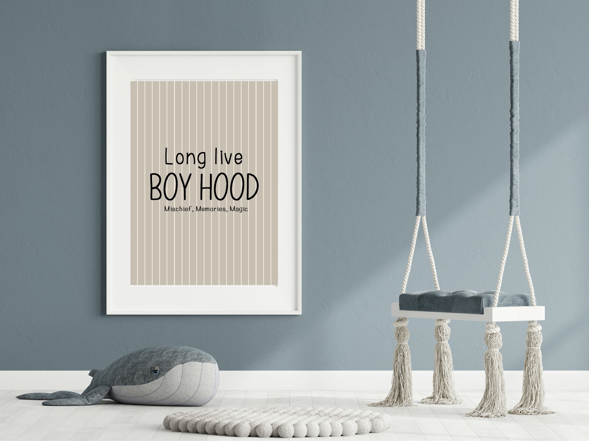 Pinstripe Long Live Boyhood Wall Art Print | Beige & Black