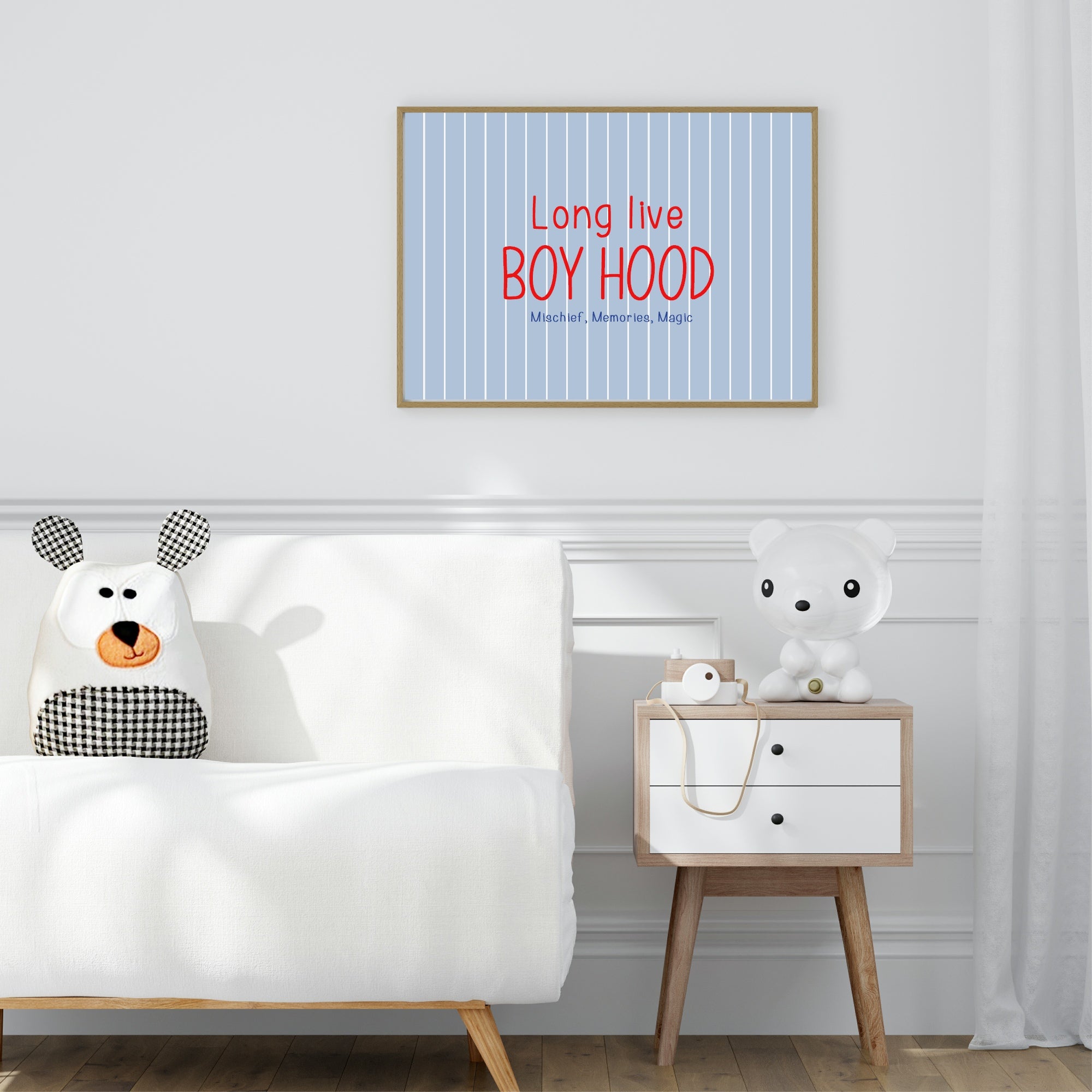 Pinstripe Long Live Boyhood Wall Art Print | Blue & Red