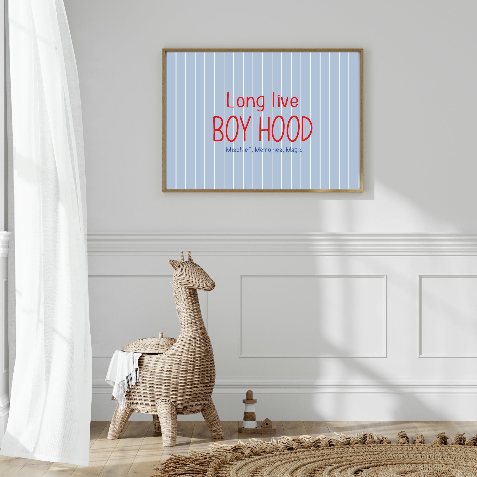 Pinstripe Long Live Boyhood Wall Art Print | Blue & Red