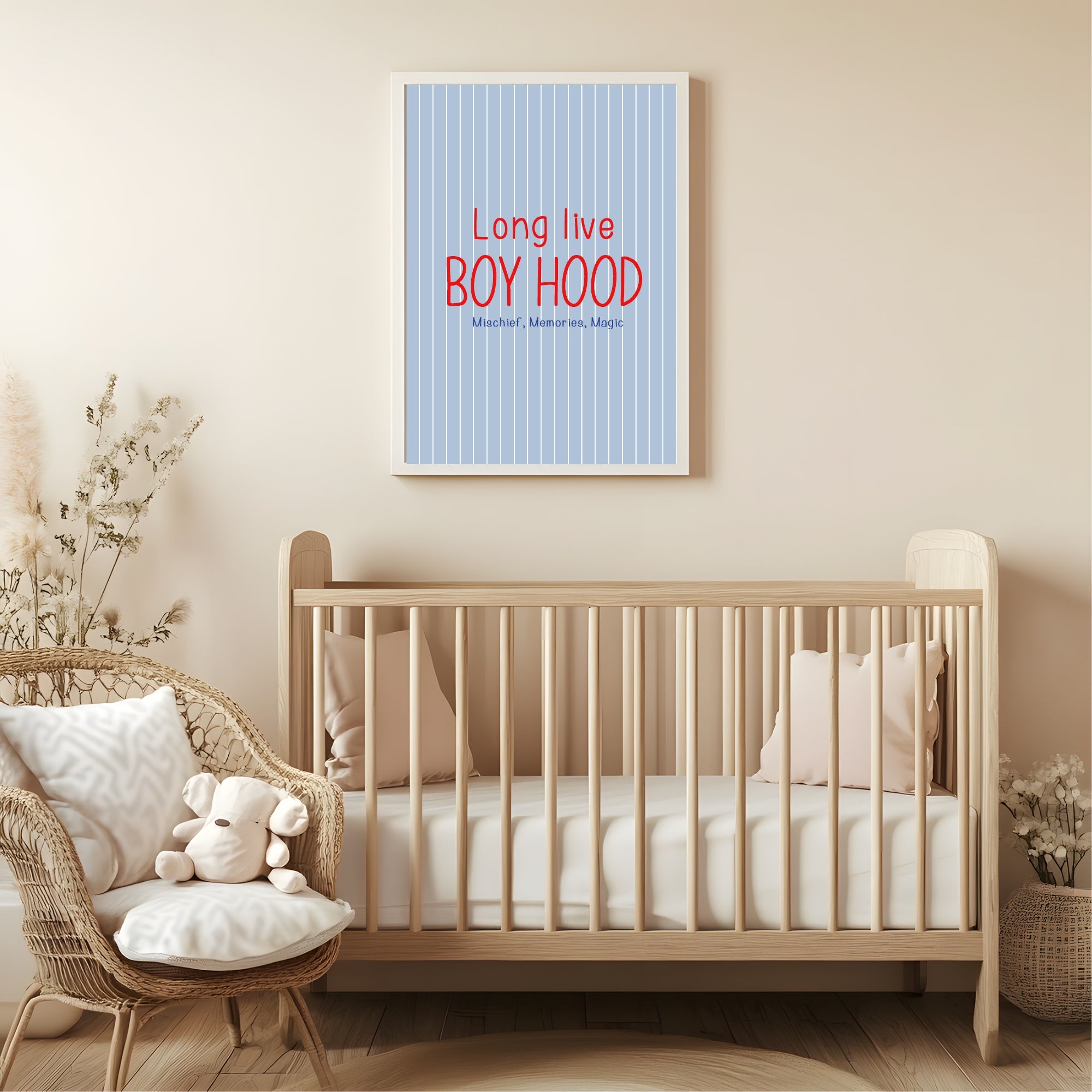 Pinstripe Long Live Boyhood Wall Art Print | Blue & Red