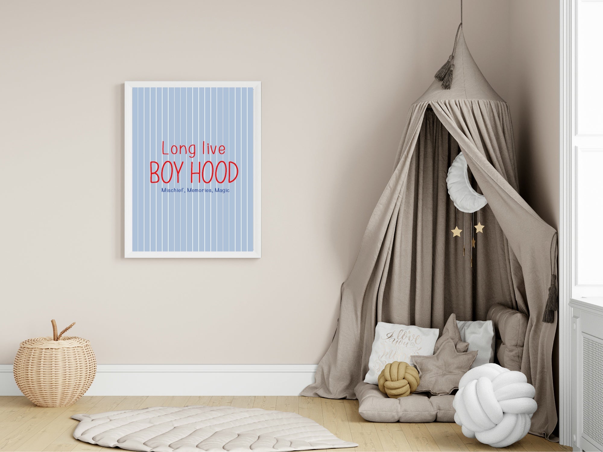 Pinstripe Long Live Boyhood Wall Art Print | Blue & Red
