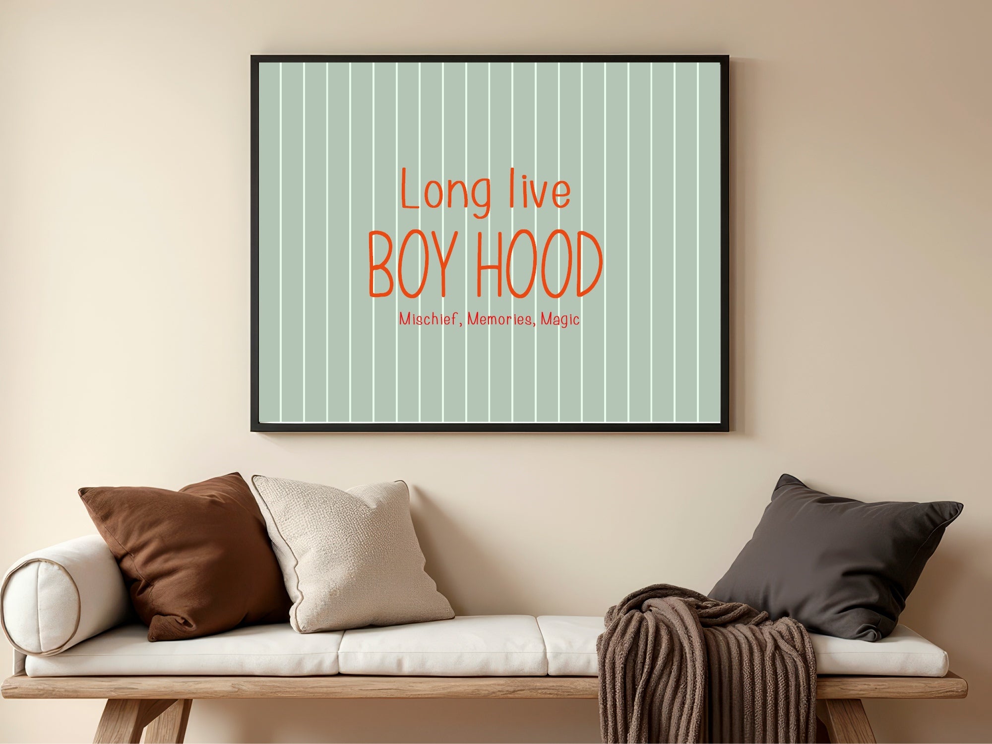 Pinstripe Long Live Boyhood Wall Art Print | Green & Orange