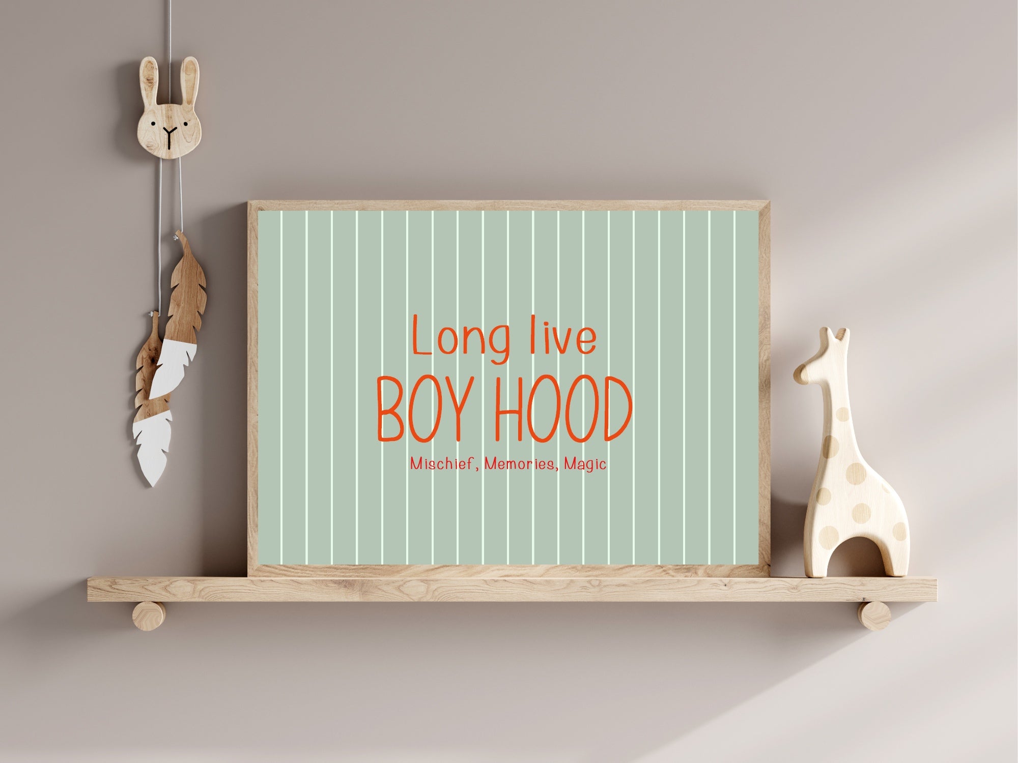 Pinstripe Long Live Boyhood Wall Art Print | Green & Orange