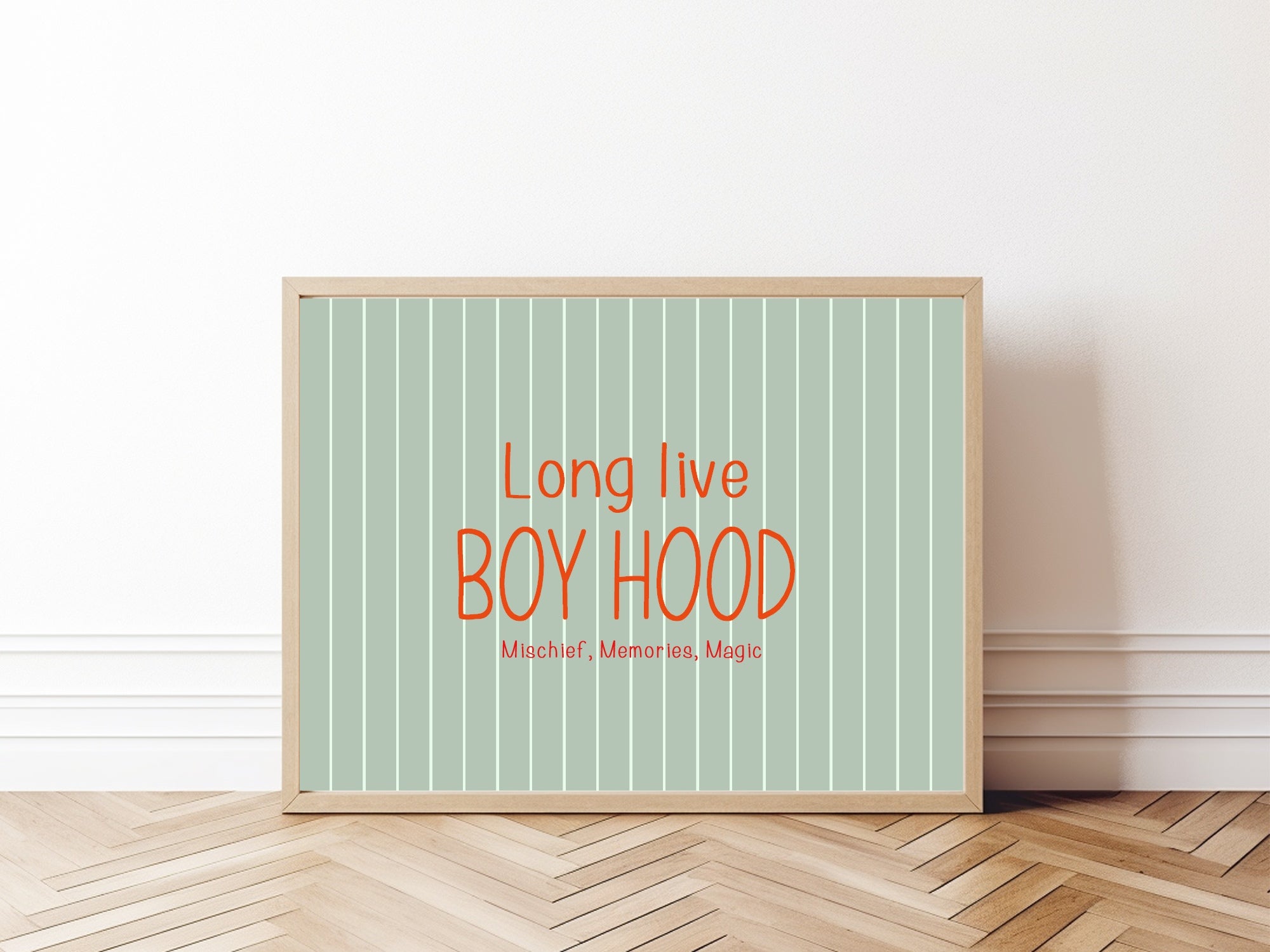 Pinstripe Long Live Boyhood Wall Art Print | Green & Orange