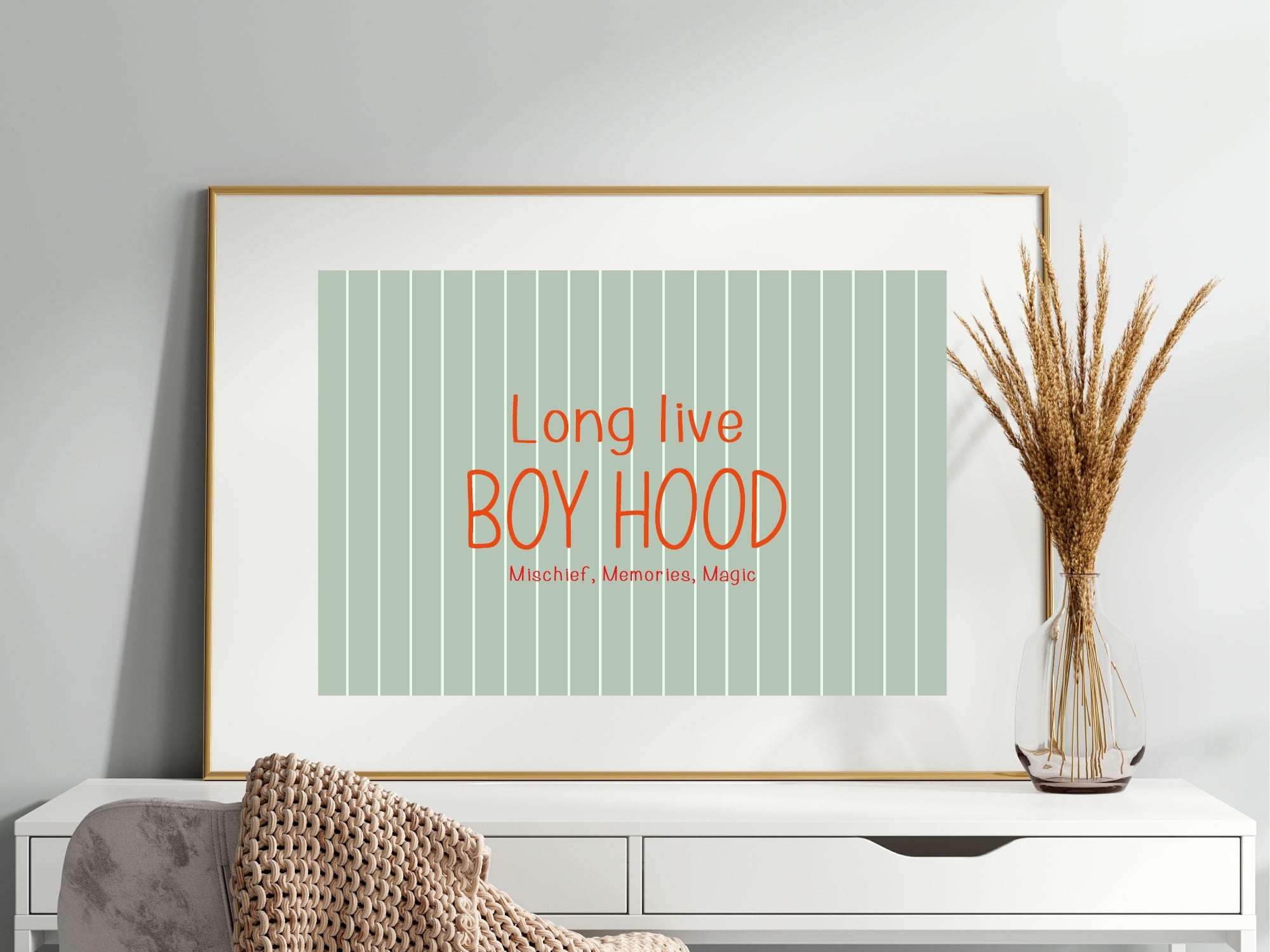 Pinstripe Long Live Boyhood Wall Art Print | Green & Orange