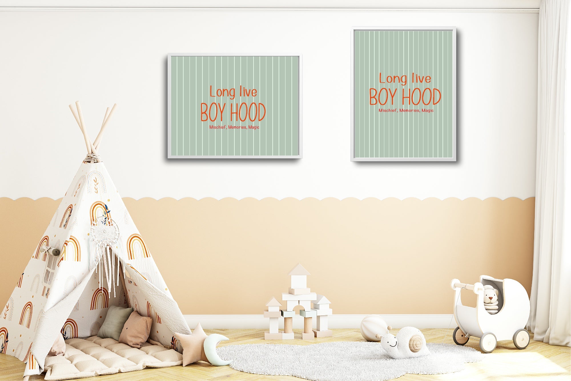 Pinstripe Long Live Boyhood Wall Art Print | Green & Orange