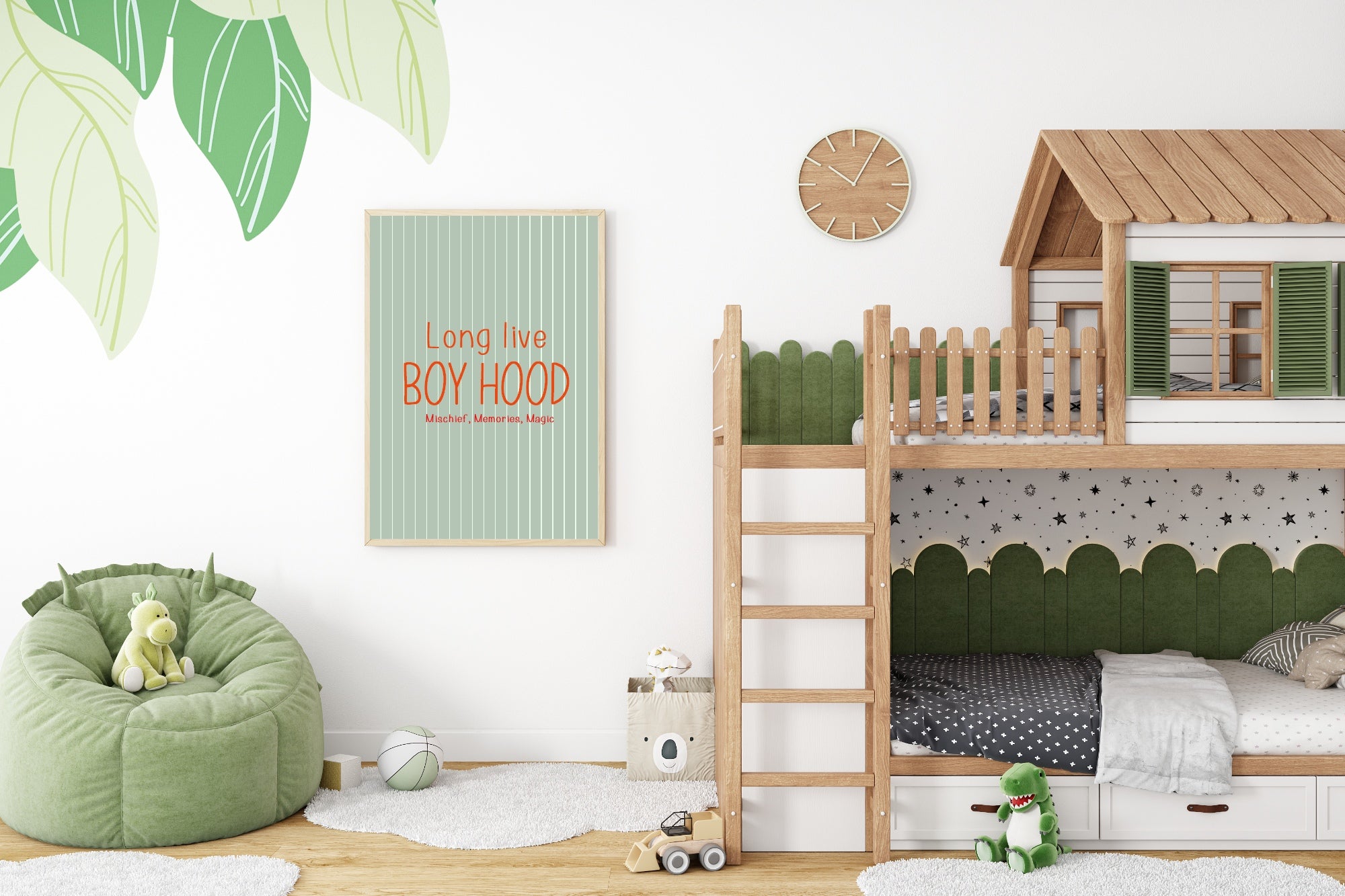 Pinstripe Long Live Boyhood Wall Art Print | Green & Orange