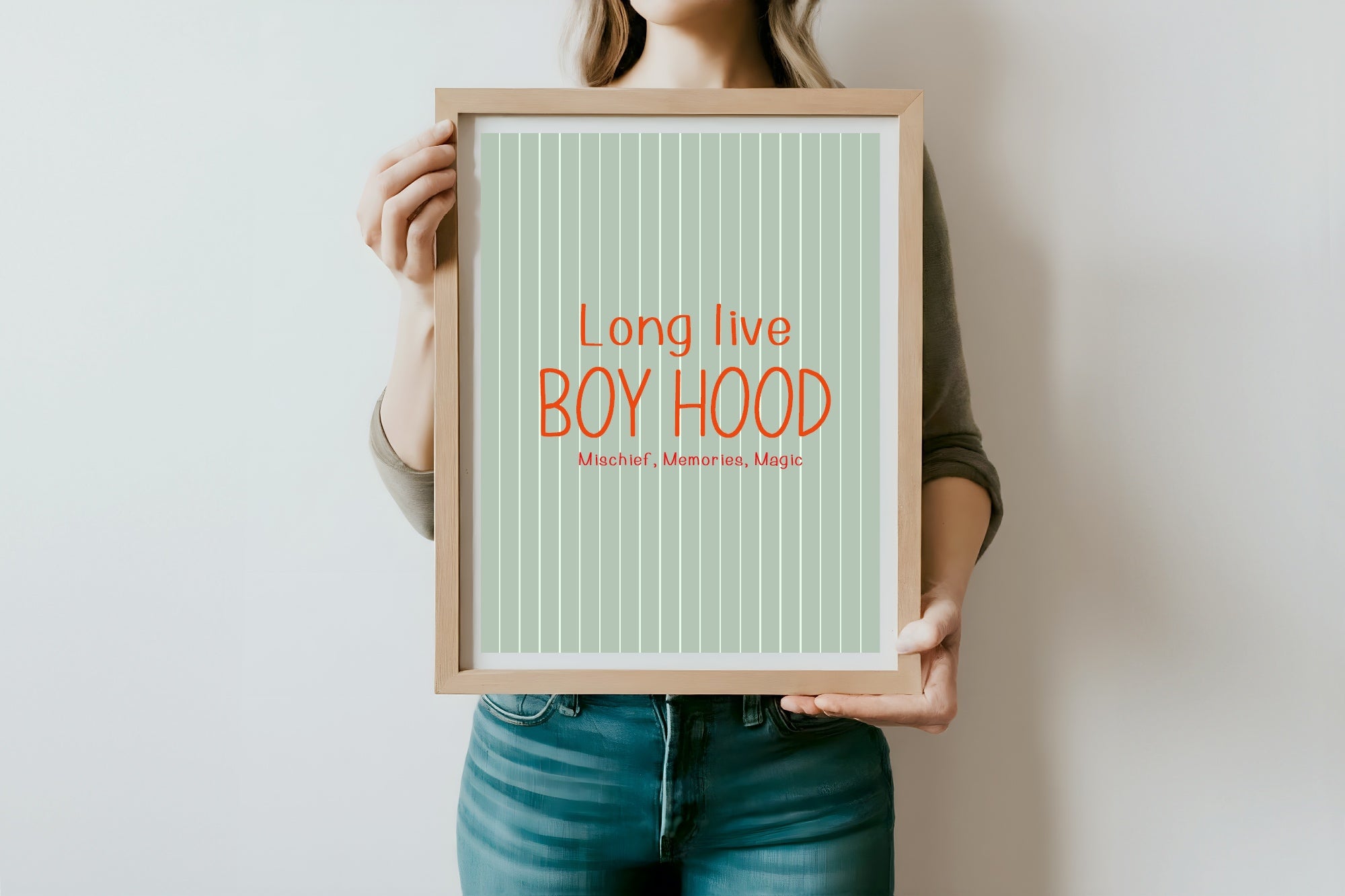 Pinstripe Long Live Boyhood Wall Art Print | Green & Orange