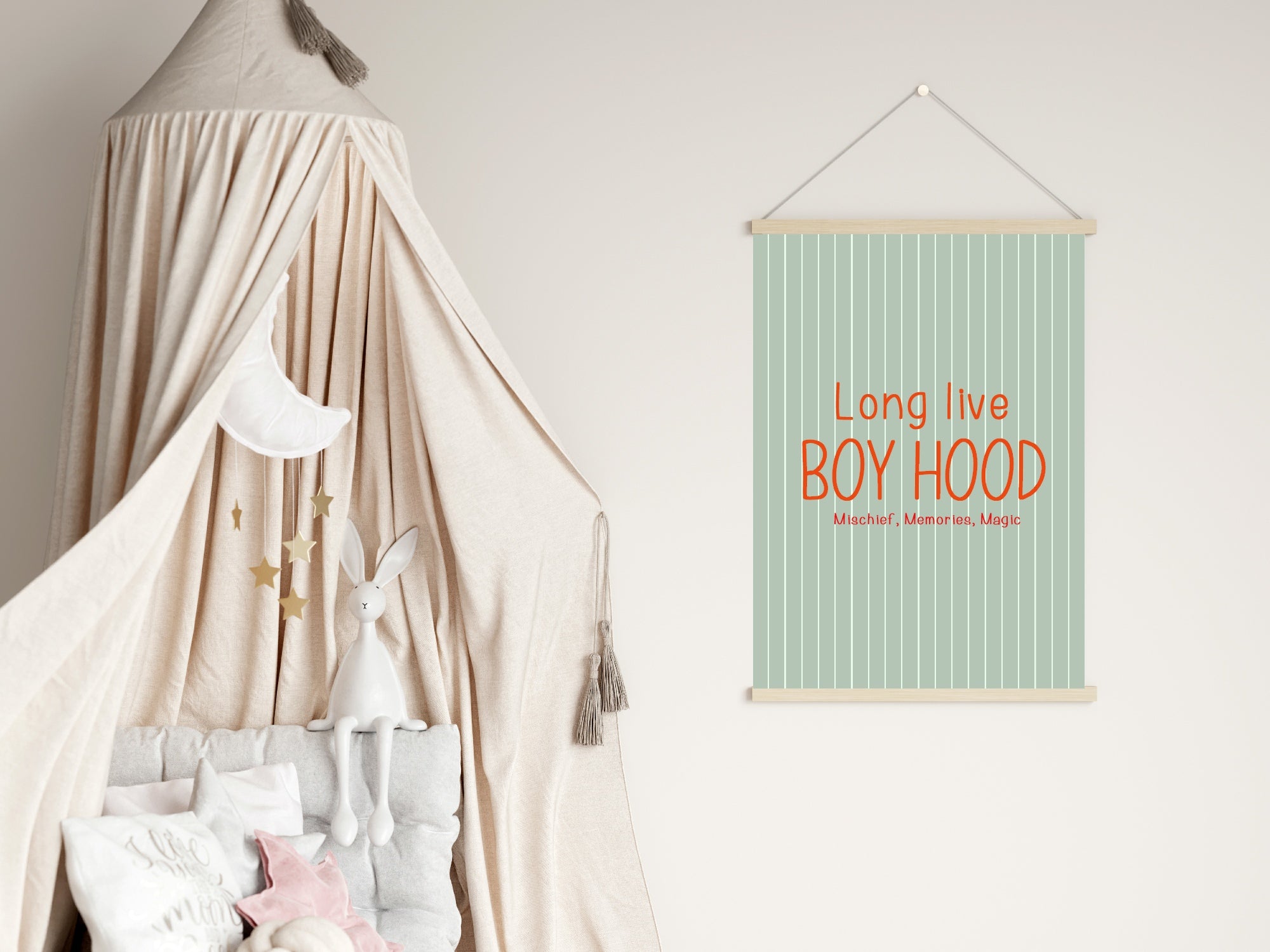 Pinstripe Long Live Boyhood Wall Art Print | Green & Orange