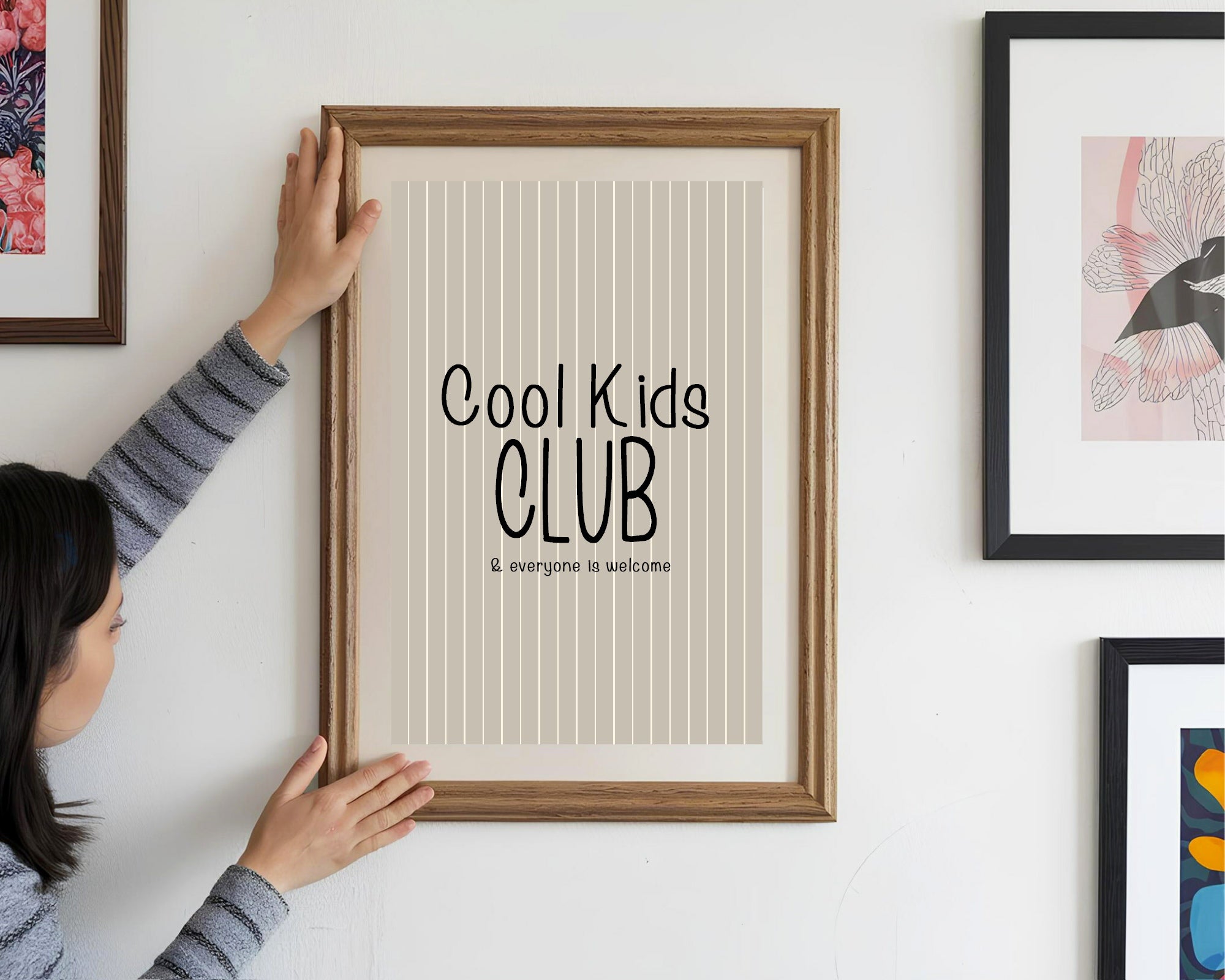 Pinstripe Cool Kids Club Wall Art Print | Beige & Black