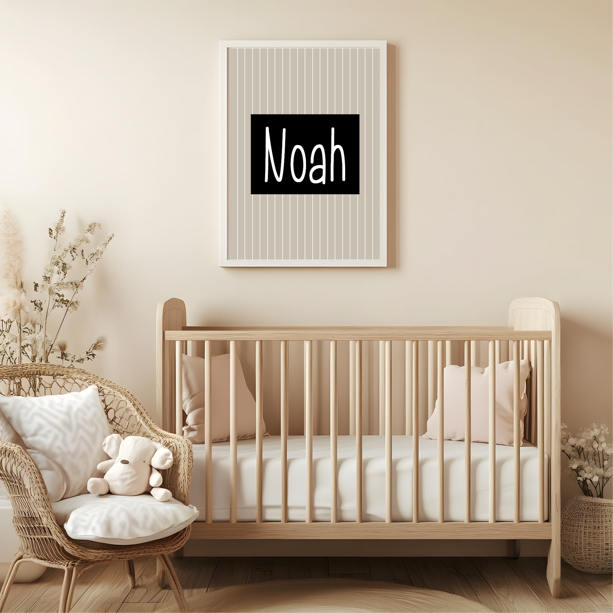 Personalised Pinstripe Name Wall Art Print | Beige & Black